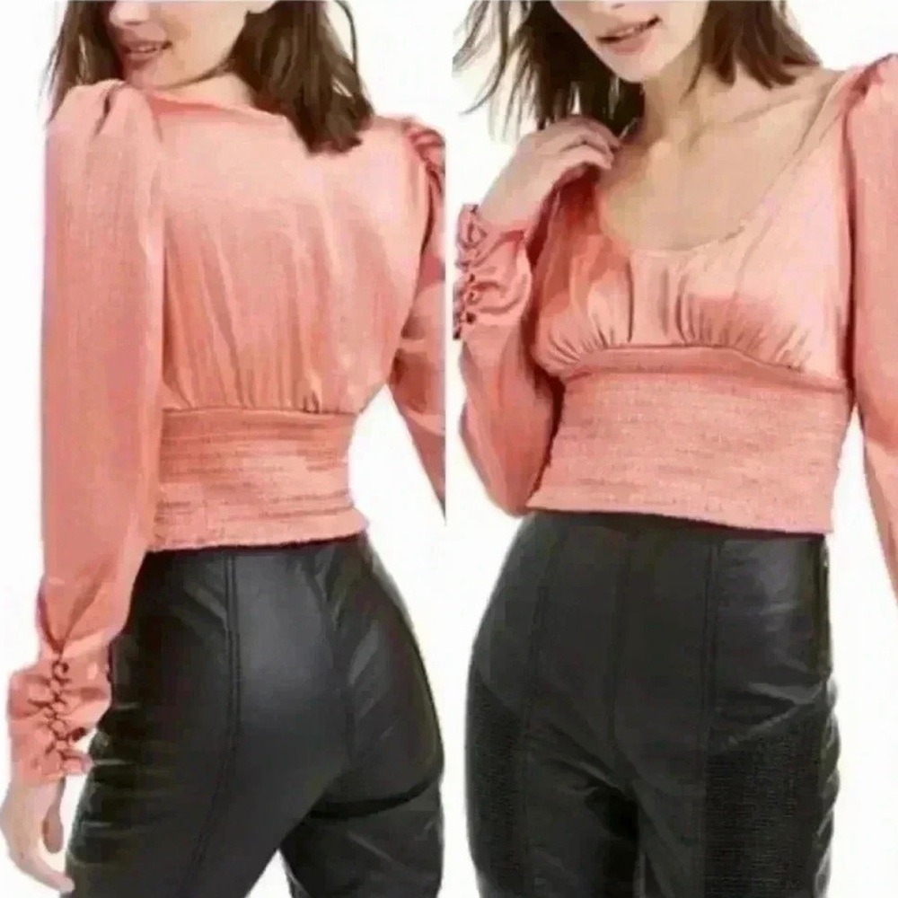 Free People Santiago Smocked Crop Blouse Pink Long Sleeve Top Size Small